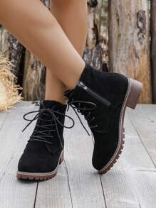 Botas de mujer de moda para otoño/invierno, botas negras con diseño de cordones y cremallera para estilo callejero al aire libre, botas de mujer de tacón medio bajo con puntera redonda de ante, botas de cuña negras