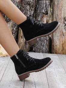 Botas de mujer de moda para otoño/invierno, botas negras con diseño de cordones y cremallera para estilo callejero al aire libre, botas de mujer de tacón medio bajo con puntera redonda de ante, botas de cuña negras