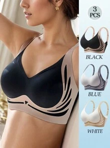 3pcs/Set White, Black & Blue Color Block Women's Bra, Adjustable Back Closure, Comfortable Breathable Semi-Fixed Cup, Gather & Support, Suitable For B-Cup, Sports & Yoga