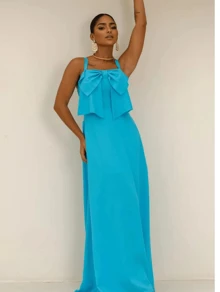 ELEGANT LONG FEMININE DRESS WITH BEAUTIFUL BOW DETAIL - Màu xanh lam - Xem 1