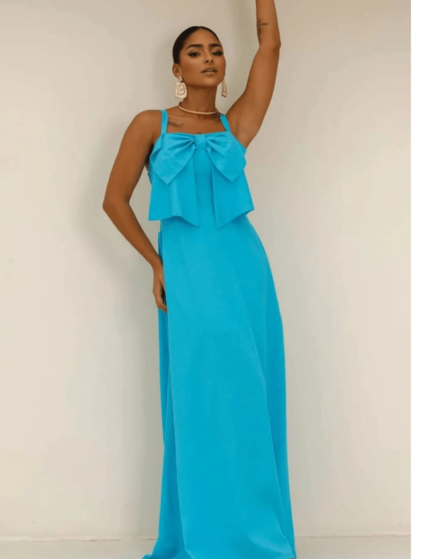 ELEGANT LONG FEMININE DRESS WITH BEAUTIFUL BOW DETAIL - Màu xanh lam - Xem 1