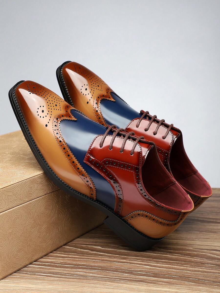 1 Pair Men's Color Block Casual Oxford Shoes, Plus Size Anti-Slip Durable Business Shoes - Khaki - View 1