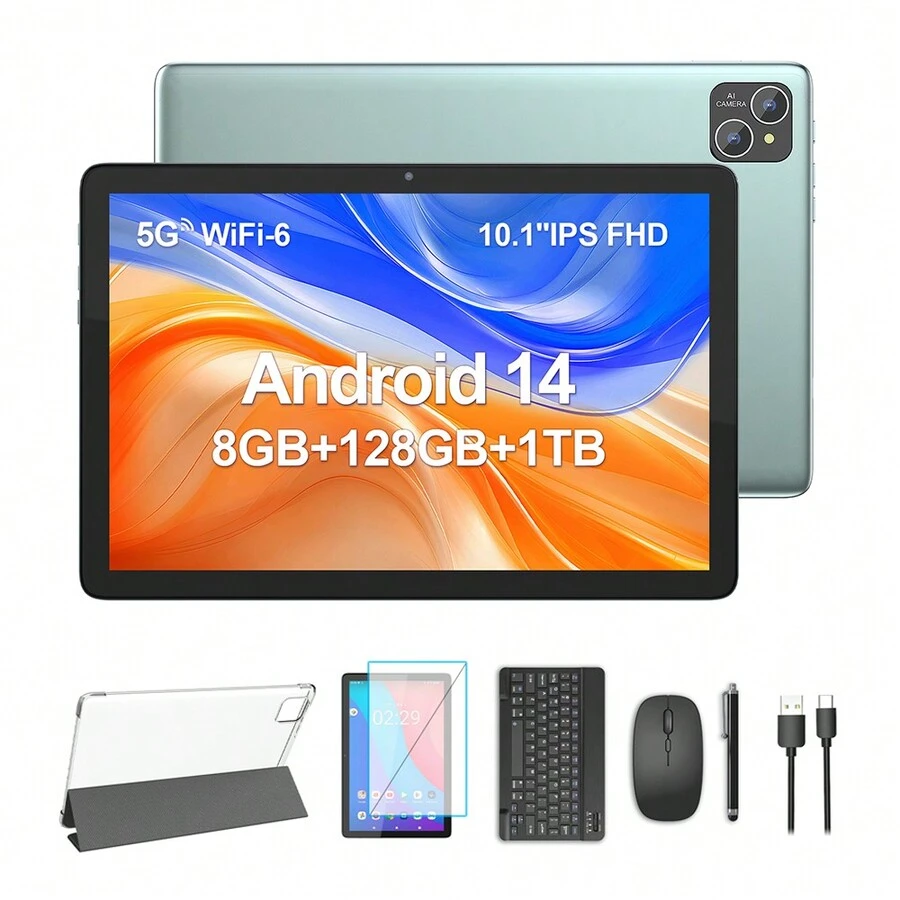 Android 14 Tablet 10.1 Inch Tablet Newest, 8(4+4)GB RAM + 128GB ROM + 1TB SD Expand, Octa-Core,8000mAh Battery, 5G Wifi 6 , 2+8MP Dual Camera, 1280x800 FHD IPS,2 In 1 Tablets With Keyboard, Mouse, Case - màu xanh lá - Xem 1