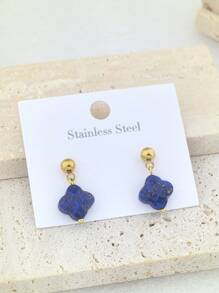 2pcs Flower Natural Stone Women 18K Gold Plated Stainless Steel Thick Stud Earrings, 4 Petal Floral Design Valentines