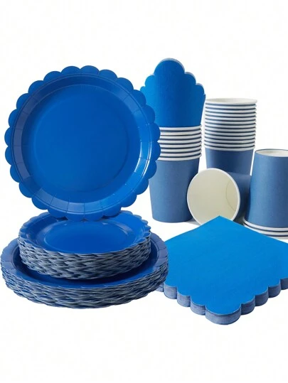 Navy Blue Floral Disposable Tableware Set - Navy Blue Floral Plates, Napkins And Cups, Suitable For 25 Guests, Disposable Paper Plates Party Supplies For Birthday, Wedding, Party, Home Picnic