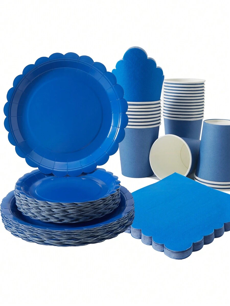 海军蓝花卉一次性餐具套装 - 海军蓝花卉盘子、餐巾和杯子，适合 25 位客人，一次性纸盘派对用品，适合生日、婚礼、派对、家庭野餐 - 寶藍色 - 查看 1