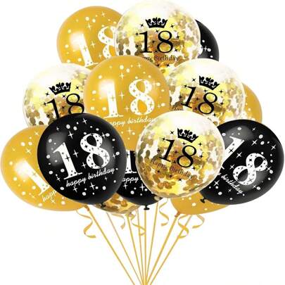 18 Balões de Aniversário de 18 Anos em Ouro e Preto, Decorações de Aniversário de 18 Anos para Balões de Látex com Confete Dourado, Tema de Aniversário de 18 Anos, Suprimentos de Festa de Aniversário Feliz, Pacote com 15 unidades, 12 Polegadas