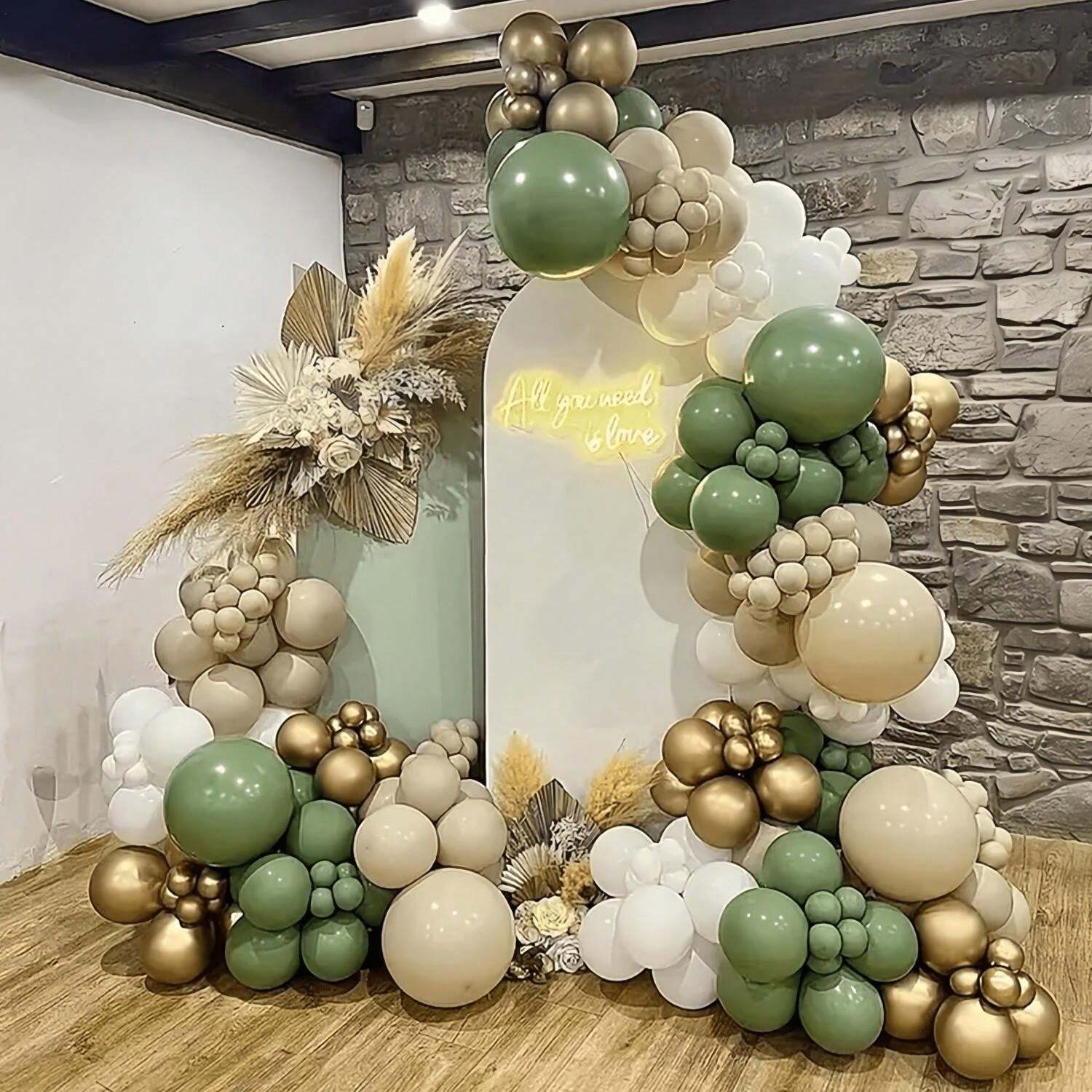 141pcs Sage Green Sand Gold Balloons Garland Arch Kit White Nude