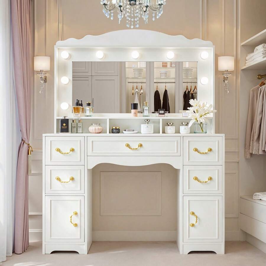 Janfly Large Vanity Desk With Mirror And Lights, Makeup Vanity With Power Out, Makeup Table With 5 Drawers, 3 Color Modes Available For Bedroom, White - 白色 - 查看 1