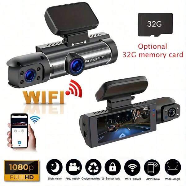 Registratore di guida con WiFi, doppio registratore di guida, visione notturna a infrarossi, fotocamera frontale 1080P a doppio canale e fotocamera DVR per auto grandangolare integrata, schermo IPS da 3,16", sensore di movimento, registrazione in loop (scheda 32G opzionale)