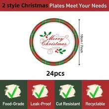 24 件圣诞树纸盘餐巾，红色格子派对盘子一次性派对用品蛋糕甜点盘，适用于圣诞节新年假期婚礼生日餐具套装派对装饰品，24 位客人，