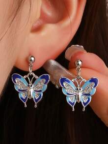 1 Cặp Hoa tai hình bướm màu bạc, tối giản và thời trang để đeo hàng ngày - Bạc - Xem 6