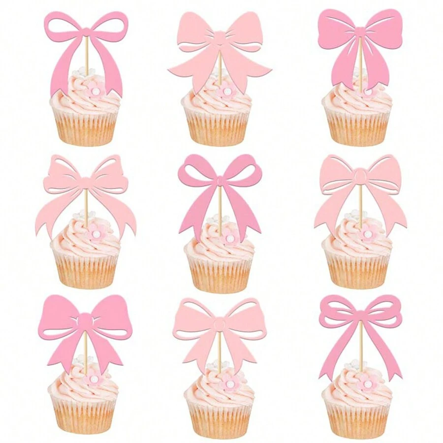 9 件蝴蝶结纸杯蛋糕装饰，粉色生日派对装饰蝴蝶结纸杯蛋糕装饰蝴蝶结生日纸杯蛋糕装饰甜点蛋糕装饰适用于婚礼单身派对 - 粉色 - 查看 1