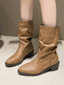 Giày bốt nữ màu nâu, giày bốt cổ cao, giày bốt thời trang mũi nhọn dành cho nữ, giày bốt cao bồi PU trơn đa năng thoải mái - màu nâu - Xem 2