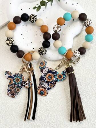 1PC Western Style Silicone Key Ring Bracelet Beaded Keychain Wristlet Car Keys Wristlet Keychain With Sunflower Cow Charm For Women Friends S School Car Accessories Cute Goth Y2k Halloween Accessories Teachers Day Christmas Gift Ideas Bag Lanyards With Id Holder Car Accessories Bag Charms