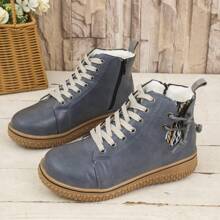 Women's New Thermal Lined Thick Boots, Low Heel, Fashionable Front & Side Lacing Design, Autumn/Winter Warm Non-Slip Elegant Ankle Booties