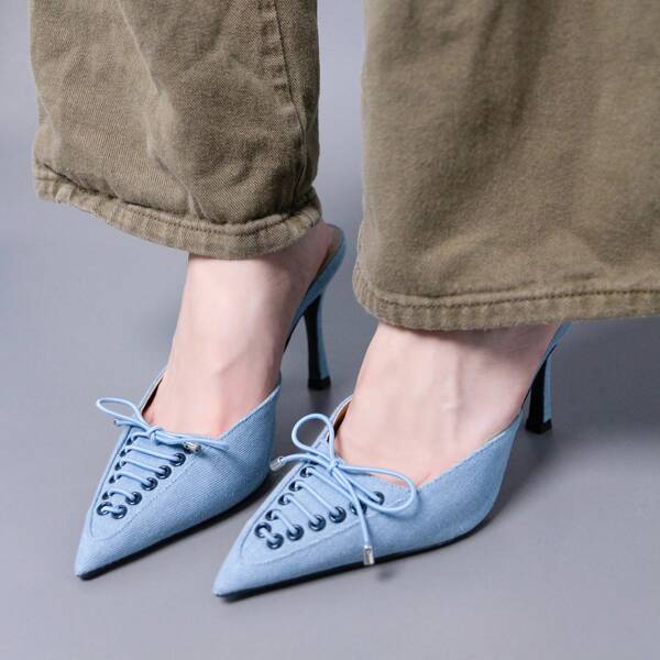 BELOVELY Women's Pointed Toe Stiletto Mule Slip-On Shoes Lace Up Bow Tie Pointed Toe High Heel Pumps Summer Elegant Basics Casual Business Shoes