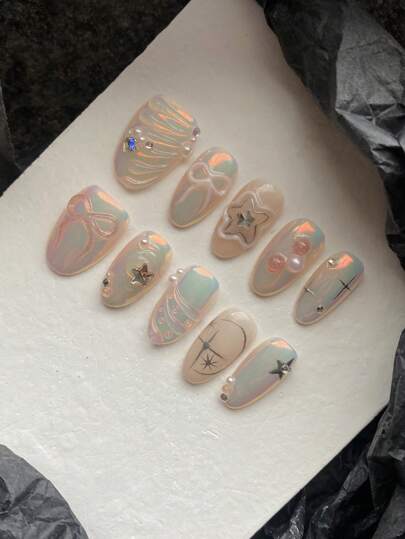 XEERCOOU 10 Peças Unhas Curtas Prensadas, Degradê Rosa e Prata, Design Pintado à Mão com Laço e Estrela, Para Uso no Escritório/Diário, Inclui 1 Folha de Adesivos e 1 Mini Lixa Unhas Postiças Suprimentos de Unhas