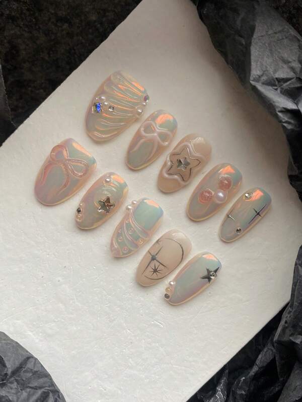 XEERCOOU 10Pcs Short Pressed Nails, Pink & Silver Ombre, Handpainted Bow & Star Design, For Office/Daily Wear, Includes 1 Sticker Sheet & 1 Mini Nail File Press On Nails Nail Supplies Nails