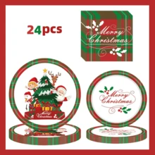 24 件圣诞树纸盘餐巾，红色格子派对盘子一次性派对用品蛋糕甜点盘，适用于圣诞节新年假期婚礼生日餐具套装派对装饰品，24 位客人，