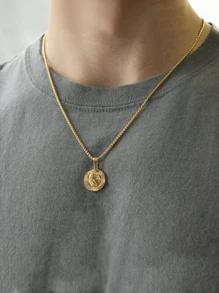 18K镀金波浪形硬币吊坠项链，男士珠宝礼物（送给男友），周年纪念礼物（送给丈夫），男士吊坠