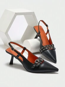 Giày cao gót mũi nhọn đinh tán cho nữ có quai cài mắt cá chân, thích hợp để mặc hàng ngày và dự tiệc - màu đen - Xem 1