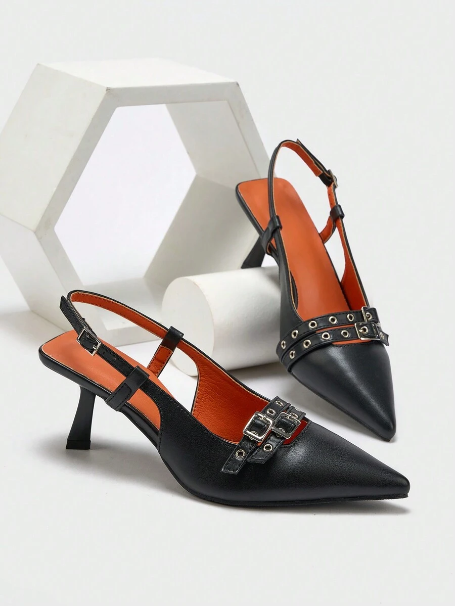 Giày cao gót mũi nhọn đinh tán cho nữ có quai cài mắt cá chân, thích hợp để mặc hàng ngày và dự tiệc - màu đen - Xem 1