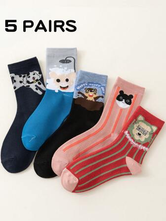 5 Pairs Unisex Cartoon Animal Print Crew Socks, Featuring Dogs, Cats, Hamburgers, Lions In Pink, Dark, Light Colors, Suitable For Casual, Party, Street Style Wear, Autumn/Winter