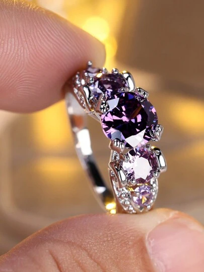 Vanel 1 Pc Fashionable Classic Claw-Set Purple Zirconia Ring, Women's Engagement/Promise/Birthday/Anniversary Gift