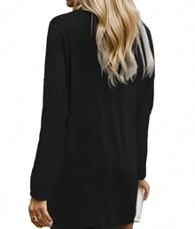 Women's Crew Neck Pocket Long Sleeve Pullover - Black - View 2
