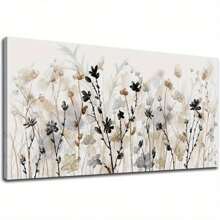 Abstract Floral Canvas Wall Art Grey Cream White Grass Flowers Canvas Pictures Modern Landscape Painting Botanic Artwork For Living Room Bedroom Kitchen Office Wall Decor