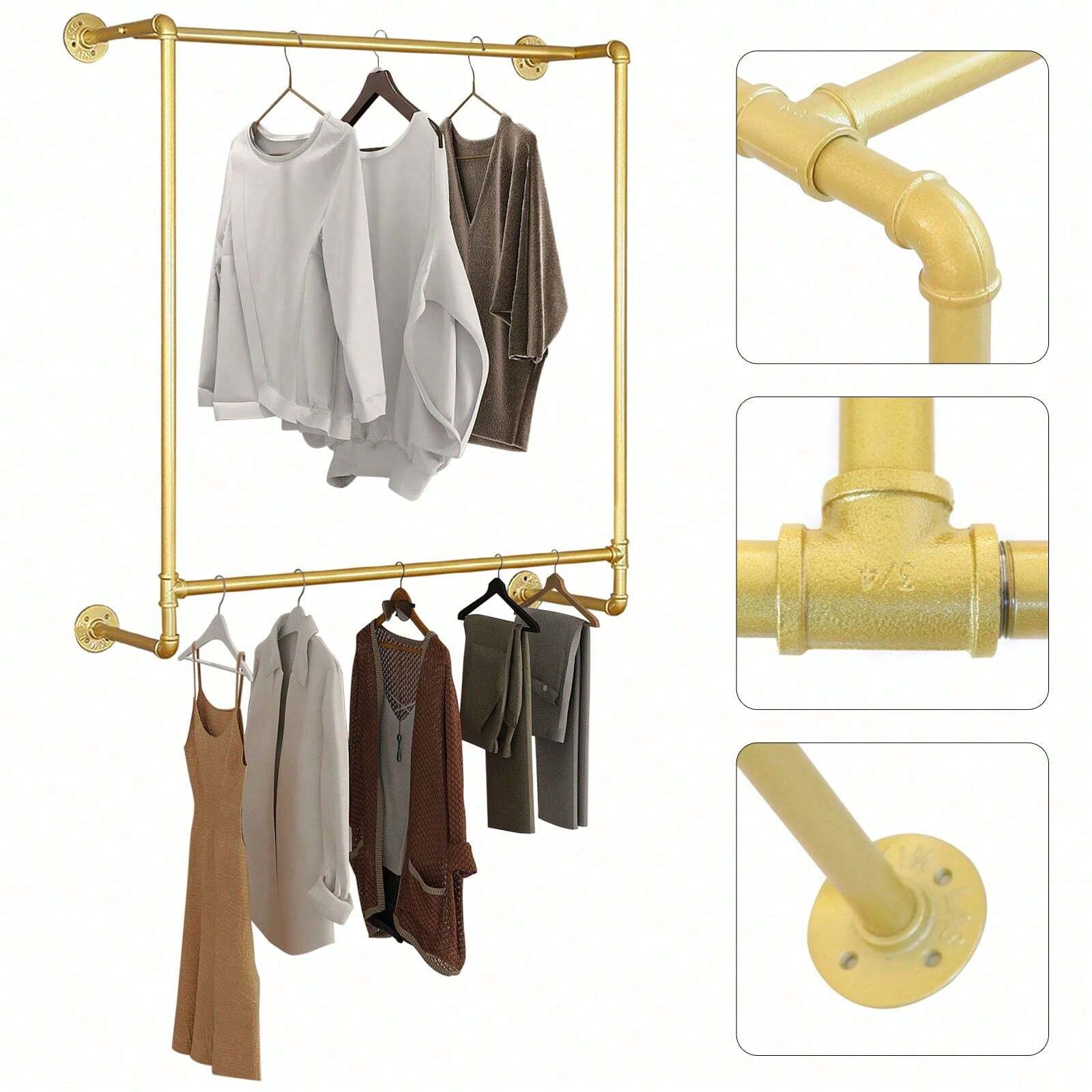 Gold Iron Industrial Pipe Wall Mounted Clothing Rack Wedding Dress