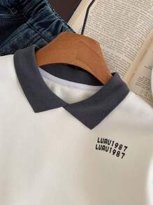 年轻男孩撞色领字母印花运动衫 - 杏色 - 查看 10