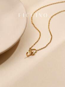 FICCINO FICCINO Titanium Steel Gold-Plated Double Heart Wrap Pendant Necklace, O-Shape Daily Versatile Choker Necklace, Valentines/Anniversary Gift With Gift Box Valentines,Mom,Mother,Mother's Day,Gift