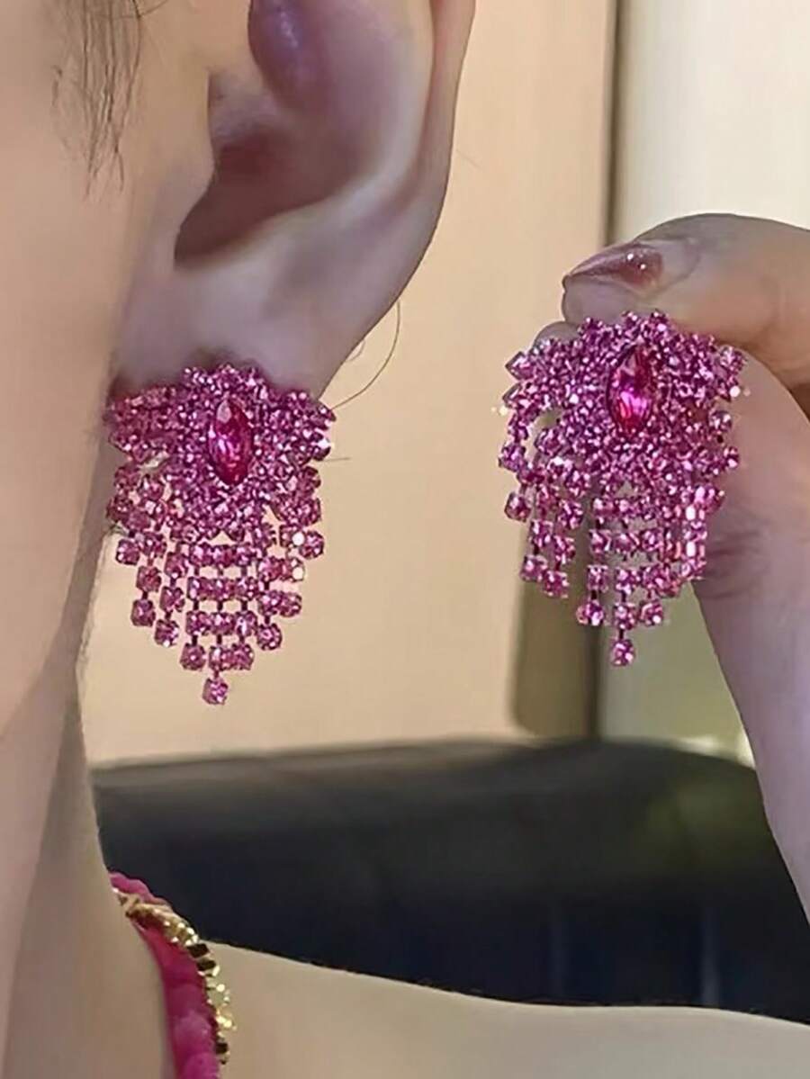 1 对时尚欧美简约风格水钻流苏耳环 - 流蘇 - 查看 1