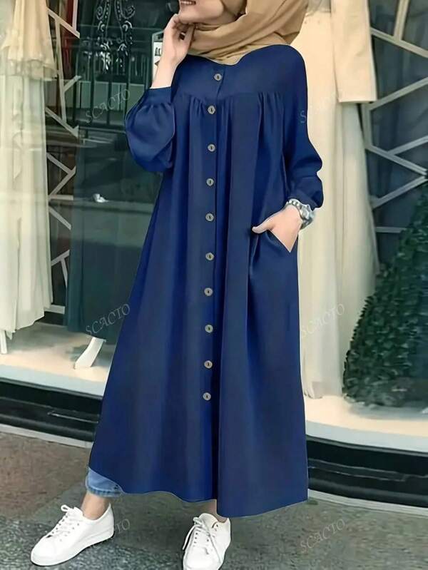 Scacto Vestido largo modesto de manga farol de cuello redondo de unicolor con pliegues en línea A, para uso diario, fiestas en casa y moda, versión holgada
