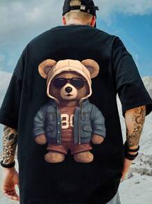 Plus Size Men's Casual Glasses Bear Graphic Print Short Sleeve T-Shirt - Black - View 1