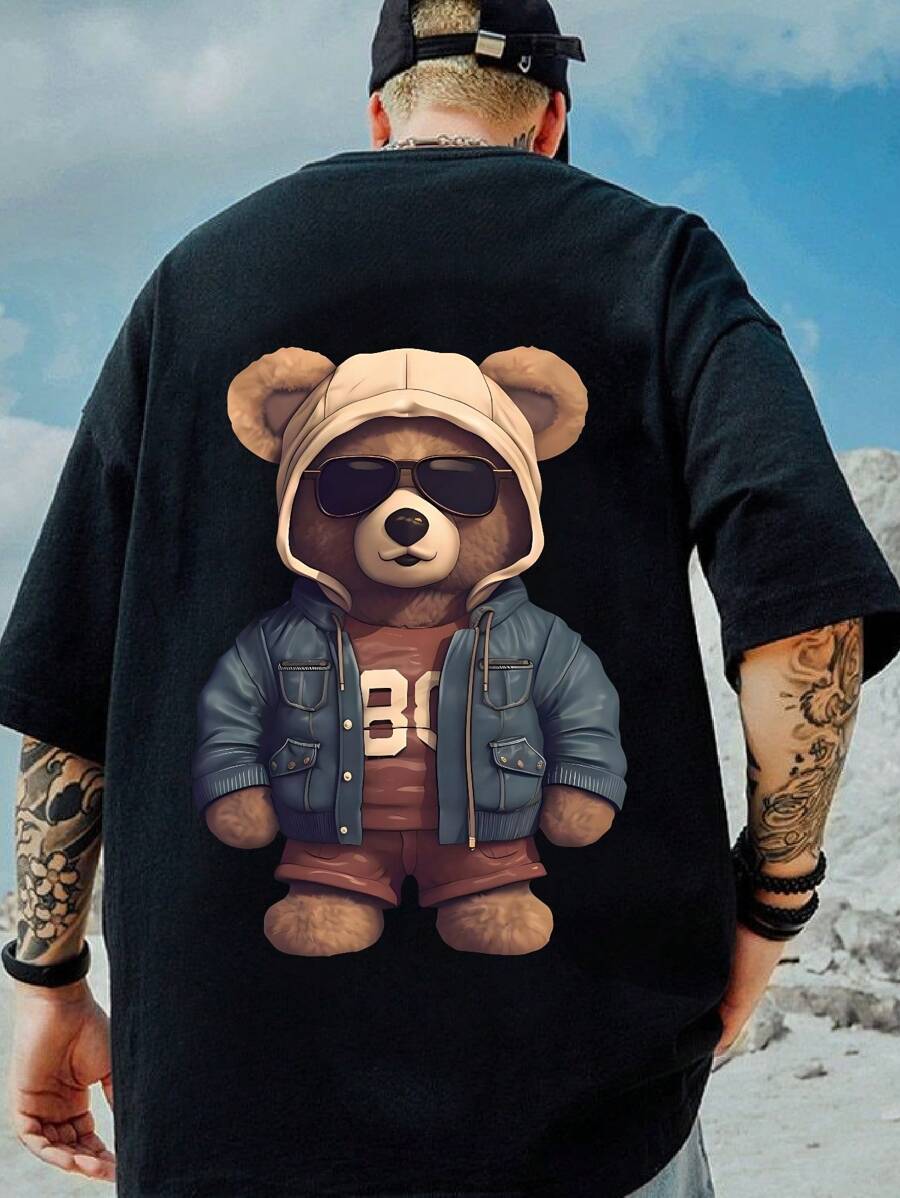 Plus Size Men's Casual Glasses Bear Graphic Print Short Sleeve T-Shirt - Black - View 1