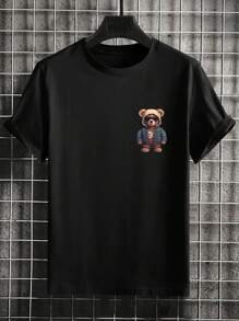 Plus Size Men's Casual Glasses Bear Graphic Print Short Sleeve T-Shirt - Black - View 4