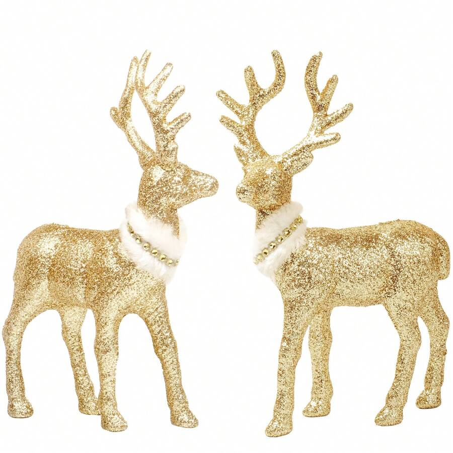 Tượng tuần lộc Giáng sinh cổ điển 8,6 inch - Bộ 2 món - Tượng tuần lộc bằng nhựa lấp lánh, thích hợp để trang trí ngày lễ - Dành cho phòng khách, phòng ngủ và nhiều loại phòng khác nhau - Vàng B - Xem 1