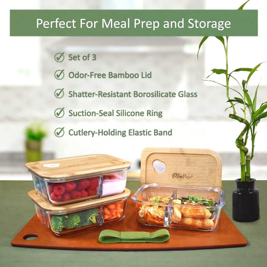 Box Containers With Bamboo Lids, 3 Compartment Glass Meal Prep
