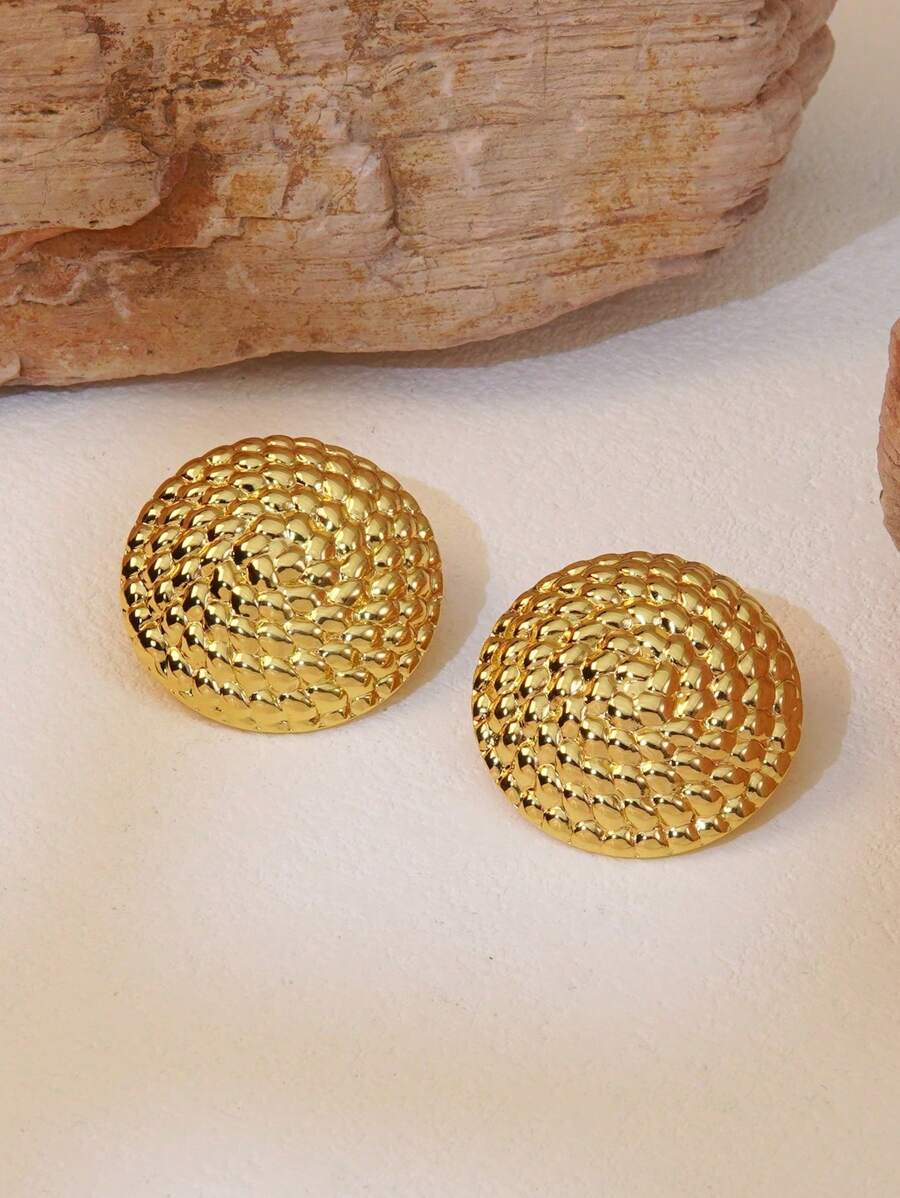 1 Cặp bông tai đinh tán bằng thép không gỉ họa tiết dệt phóng đại, thích hợp cho phụ nữ đeo khi đi dự tiệc - Vàng - Xem 1