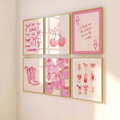 Set Of 6 Unframed Pink Bows Cowgirl Disco Ball Western Poster Preppy Art Girly Room Decor Funky Canvas Painting Print Minimalist Vintage Wall Picture Ideal Gift For Dorm, Apartment, Girl Room, Bedroom, Living Room, Modern Home Decoration