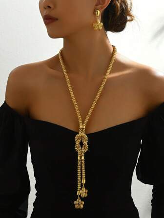 3pcs/Set Minimalist Y-Shape Geometric Line Iron Necklace, Earrings, Tassel Flower Pendant Sweater Chain, Elegant Middle Eastern Gift, Party Accessories For Women