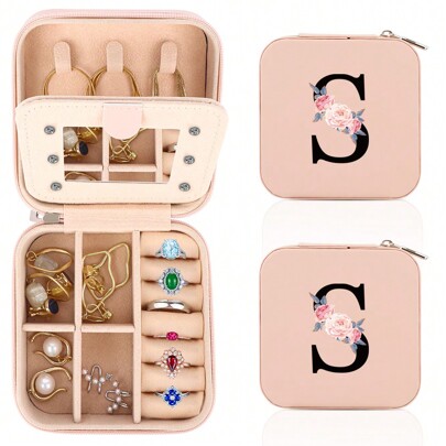 WALLFID 2PCS Travel Jewellery Box,Alphabet Jewellery Organiser,Portable Jewellery Box,Small Travel Jewellery Storage Case With Mirror,Birthday Gift Fo