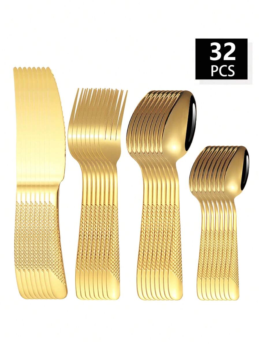 Christmas 4/16/24/32pcs Stainless Steel Knife, Fork, Spoon Cutlery Set, Suitable For Kitchen, Dining, Wedding, Party, Holiday Gift Home Decor New Year Gift - Gold - View 1