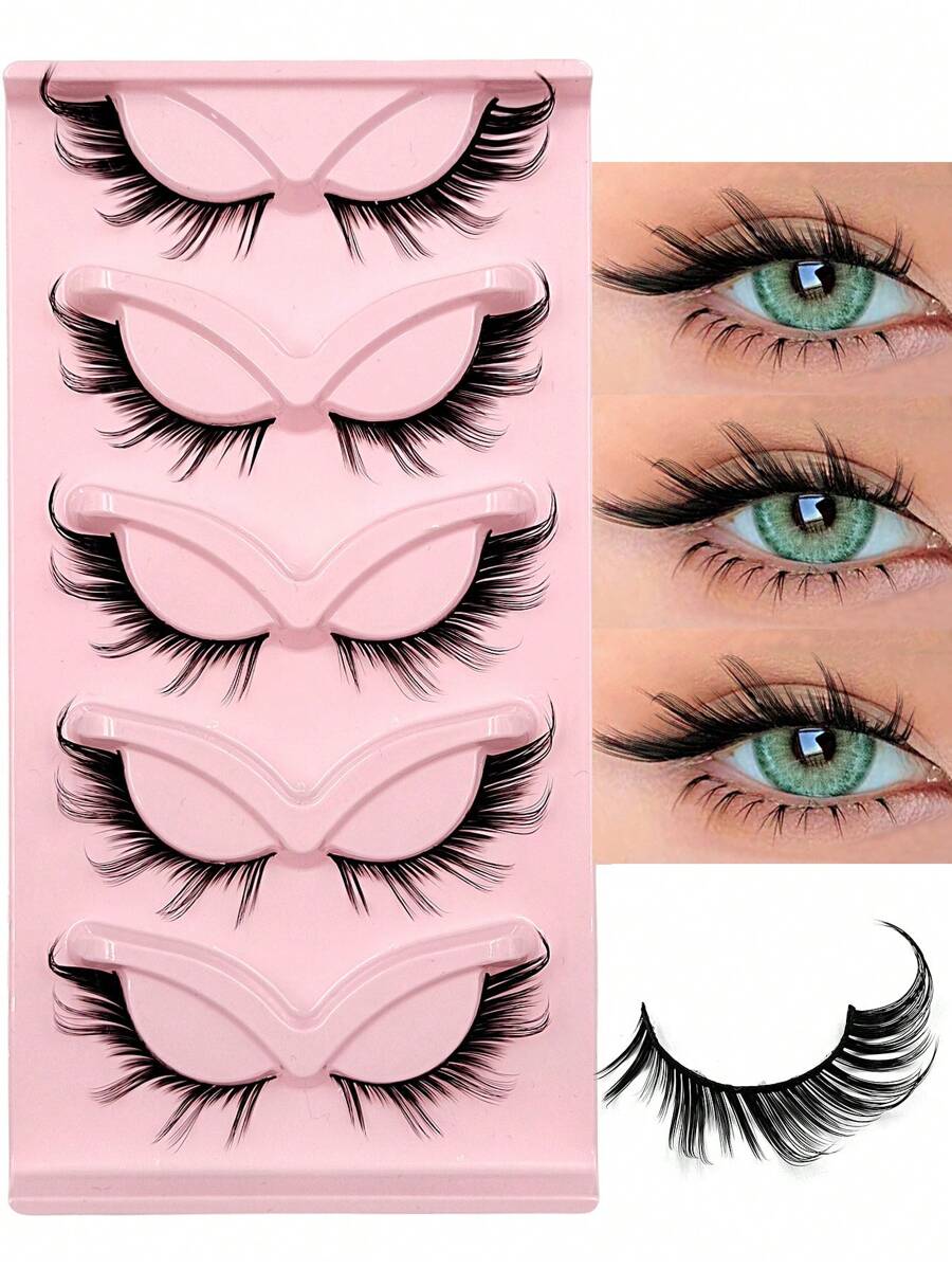 5 Pairs Asiteo New 3D Natural Flexible False Eyelashes, Fluffy Soft Criss-Cross Cartoon Style, Delicate Natural, Create Charming Makeup - 眼尾拉長款 - 查看 1
