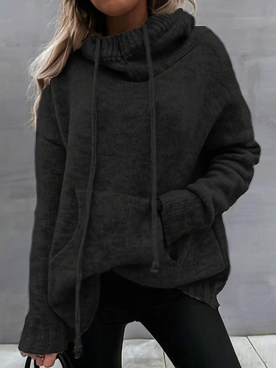 Plus Size Casual Loose Turtleneck Drawstring Knit Sweater, For Winter Black - Black - View 1