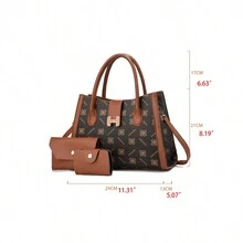 3 件套咖啡棕色 PU 拉链封口手提包，大容量，时尚印花，优雅通勤、旅行、生日礼物、约会、中年女性、商务、单肩包 - 咖啡棕 - 查看 6