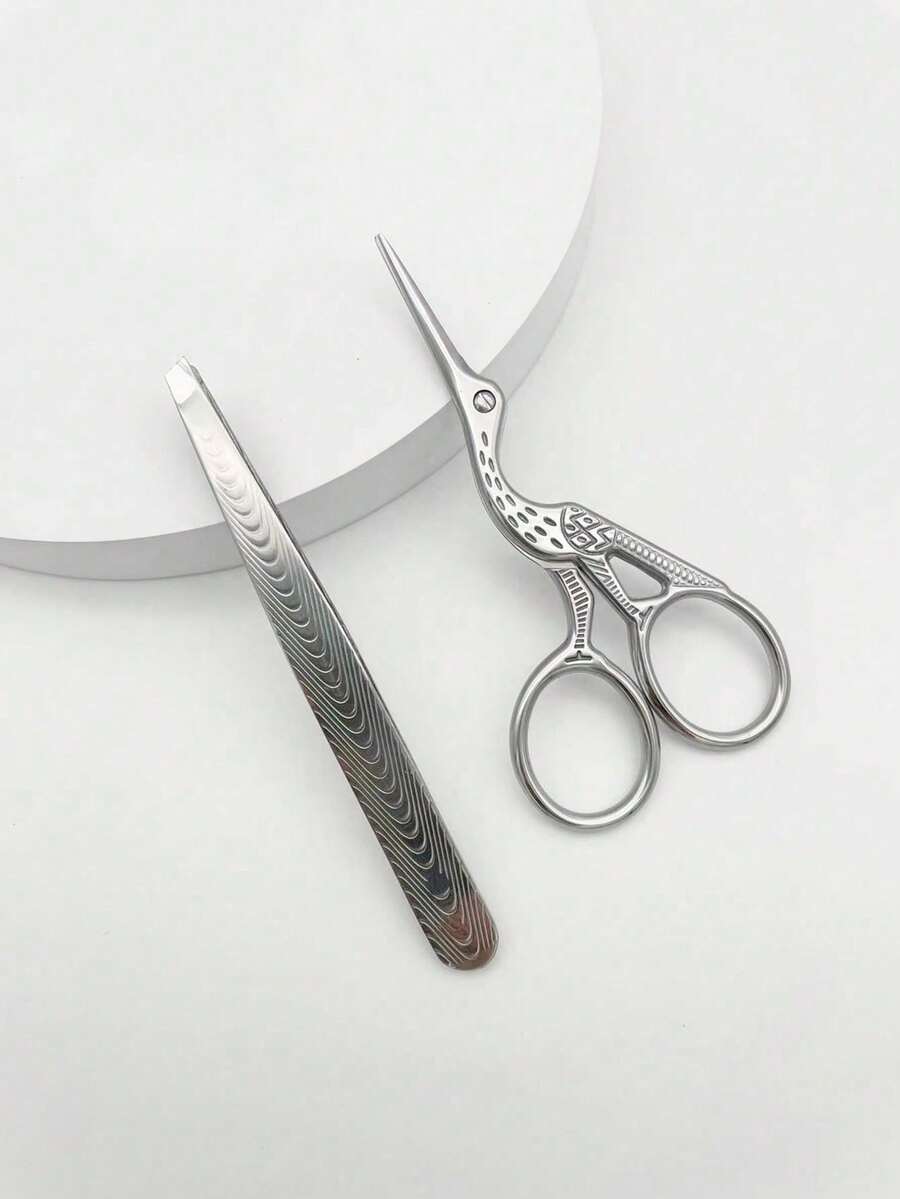 2pcs/Set, Silver Crane Scissors + Salmon Clamp, Eyebrow Trimmer